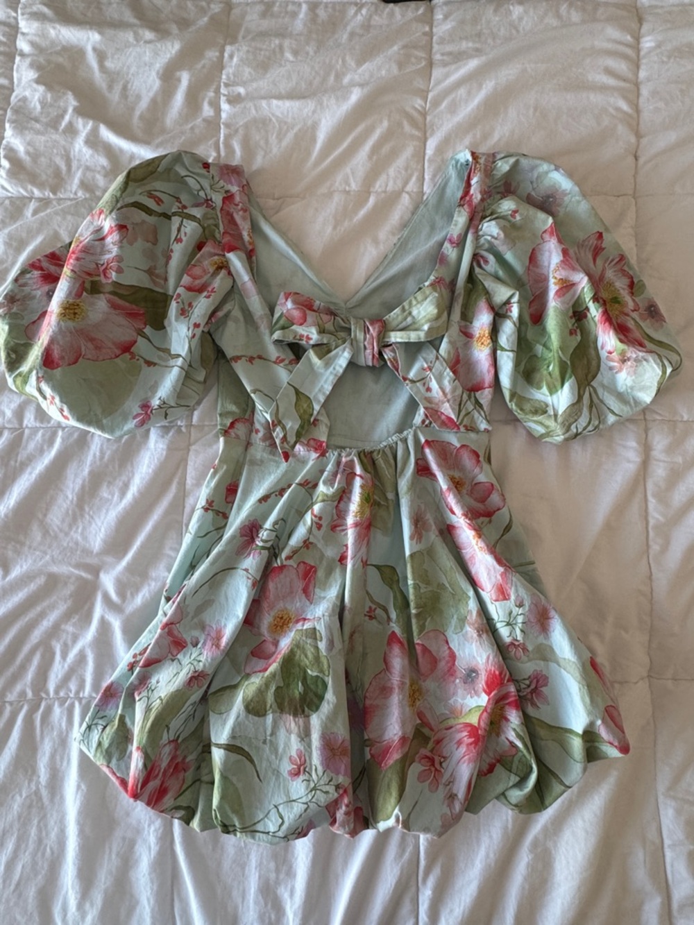 H&M Floral Bubble Hem Mini Dress Balloon Sleeves Sage Green Cottagecore Size Med - Picture 5 of 9